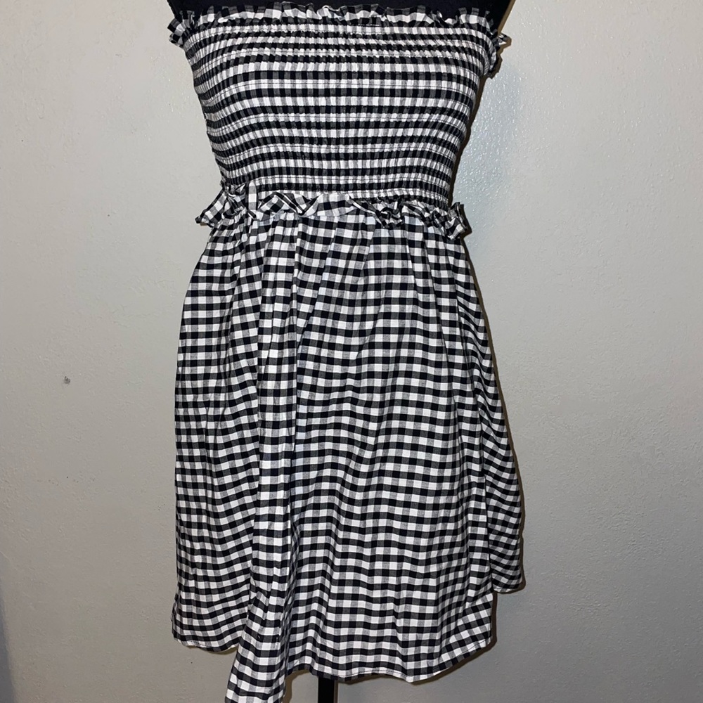 Black & White Gingham Strapless Mini Dress with Smocked Bodice